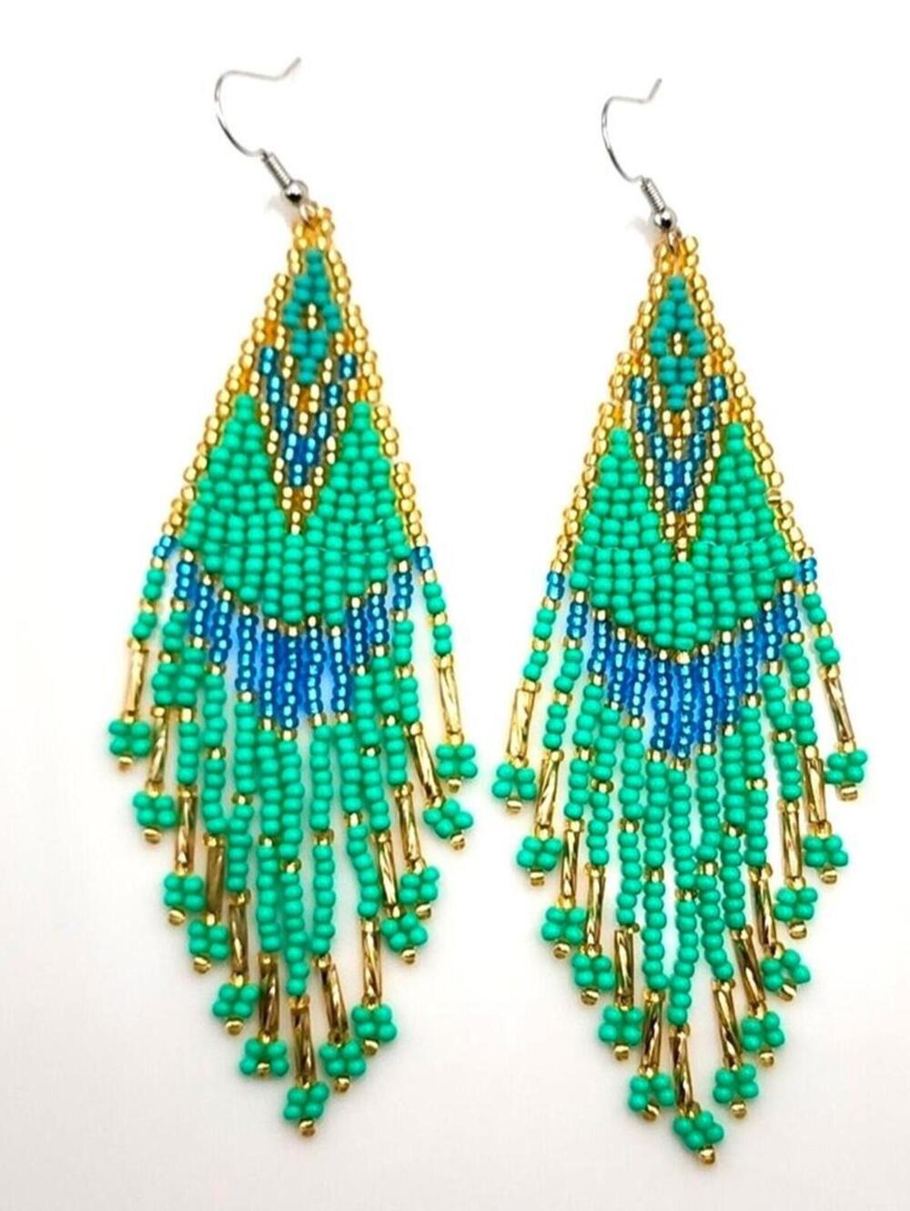 Reef Goddess Green Boho Beaded Fringe Earrings